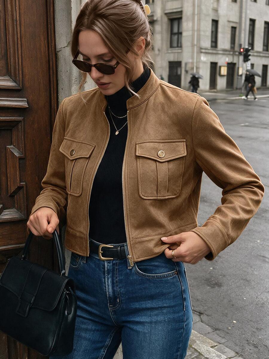 SHEIN LUNE Women's Warm Short Jacket With Large Pockets And Metal Buttons, Military Green, Autumn/Winter Fall Cloth For Women - Khaki - View 1