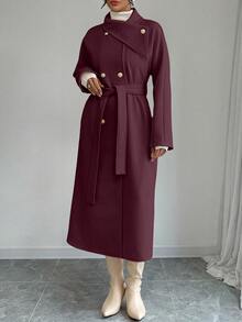 Elenzga Women's Solid Color Waist Knot Fashion Versatile Daily Wear Overcoat - Red Violet - View 6