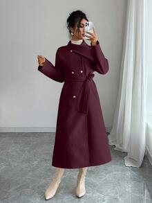 Elenzga Women's Solid Color Waist Knot Fashion Versatile Daily Wear Overcoat - Red Violet - View 9