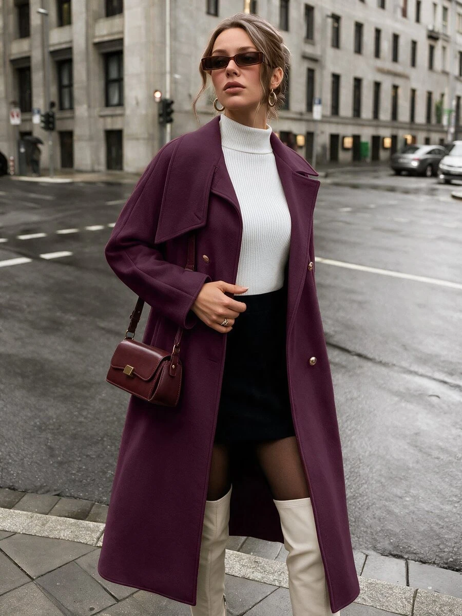 Elenzga Women's Solid Color Waist Knot Fashion Versatile Daily Wear Overcoat - Red Violet - View 1