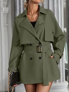 Struktiv Women's Solid Color Lapel NeckRaglan Sleeve Double-Breasted Casual Trench Coat - Army Green - View 5