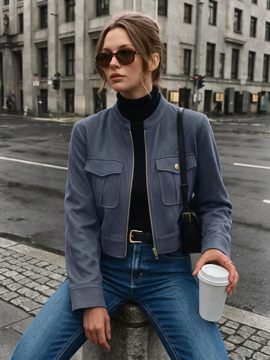 SHEIN LUNE Women's Autumn/Winter Large Pocket Metal Button Short Military Green Jacket - Dusty Blue - View 1