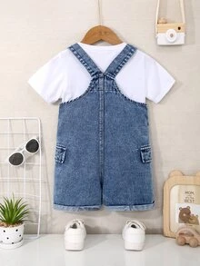 Mirajuku Young Boy Blue Washed Loose Fit Casual Denim Bib Overalls With Pockets,Convenient Front Open Button,Simple Fashionable Daily Wear Summer Holiday - Medium Wash - View 2