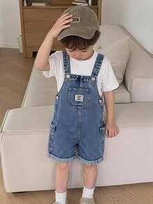 Mirajuku Young Boy Blue Washed Loose Fit Casual Denim Bib Overalls With Pockets,Convenient Front Open Button,Simple Fashionable Daily Wear Summer Holiday - Medium Wash - View 1