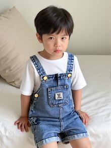 Mirajuku Young Boy Blue Washed Loose Fit Casual Denim Bib Overalls With Pockets,Convenient Front Open Button,Simple Fashionable Daily Wear Summer Holiday - Medium Wash - View 3