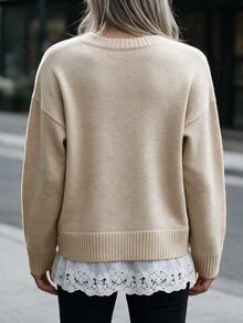 Breezaya Ladies' V-Neck Knitted Sweater, Solid Color Loose Long-Sleeved Pullover, With Contrast Lace, Casual Basic Wear For Fall And Winte Office Beige - Khaki - View 2