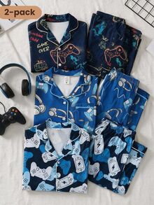 青少年男孩睡衣，秋冬時尚酷炫遊戲控制器印花，阻燃針織面料，翻領開襟長袖長褲兩件套家居服睡衣 - 藍色 - 查看 1