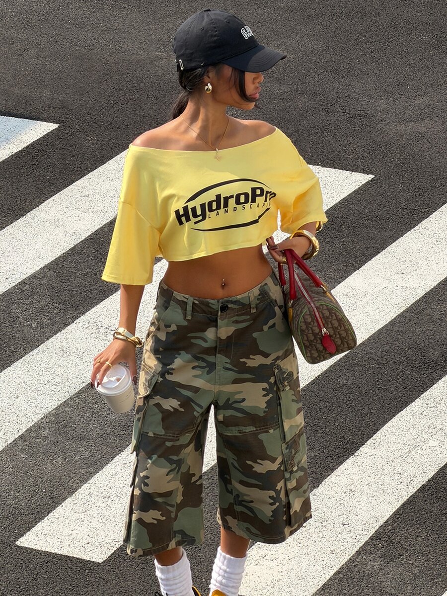 StreetHx Atasan Crop Top Kasual Wanita dengan Motif Cetak - Kuning - View 1