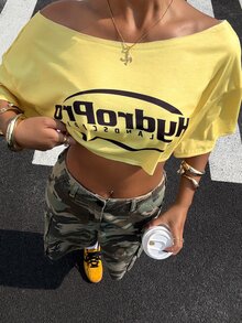 StreetHx Atasan Crop Top Kasual Wanita dengan Motif Cetak - Kuning - View 4