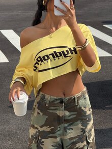 StreetHx Atasan Crop Top Kasual Wanita dengan Motif Cetak - Kuning - View 5