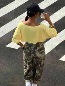 StreetHx Atasan Crop Top Kasual Wanita dengan Motif Cetak - Kuning - View 2