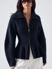 LYSMO Women's Cardigan Drop Shoulder Casual Hem Flared - Black - View 2