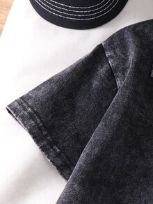 SHEIN Vacaura 小男孩 2件組休閒復古水洗黑色丹寧短袖鈕扣襯衫與短褲套裝，柔軟棉質透氣，適合 4-7 歲幼兒兒童 - 黑色 - 查看 8