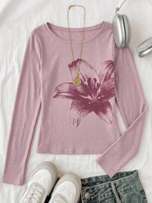 SHEIN Kids Tween Girl Floral Print Boat Neck Long Sleeve T-Shirt - Pink - View 2