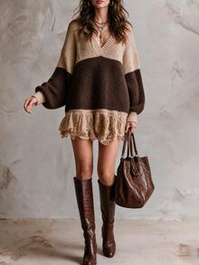 Solivie 女款復古休閒優雅街頭風拼色針織洋裝，日常約會穿搭，棕色秋季款 - 彩色 - 查看 4