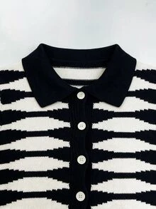 Solivie 女款拼色短袖針織上衣 外出早午餐度假穿搭 白黑配色 夏季休閒法式波西米亞復古風 - 黑與白 - 查看 5