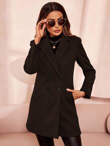 Solivie Women's Casual Everyday Commute Simple Solid Color Lapel Collar Double-Breasted Overcoat, Autumn/Winter - Coffee Brown - View 6
