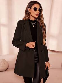 Solivie Women's Casual Everyday Commute Simple Solid Color Lapel Collar Double-Breasted Overcoat, Autumn/Winter - Coffee Brown - View 5