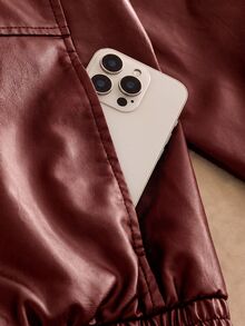 HIMLAND Men's Solid Color PU Leather Zipper Casual Versatile Daily Travel Long Sleeve Jacket, Outdoor, Spring - Red - View 5