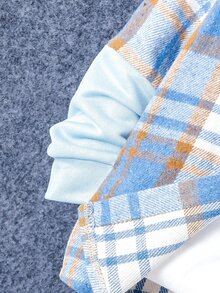 SHEIN Vacaura 2pcs/Set Young Boy Casual Plaid Patchwork Hooded Jacket And Sweatpants Set, Suitable For Autumn Winter Back-To-School - Blue - View 5
