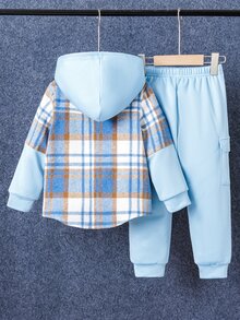 SHEIN Vacaura 2pcs/Set Young Boy Casual Plaid Patchwork Hooded Jacket And Sweatpants Set, Suitable For Autumn Winter Back-To-School - Blue - View 2