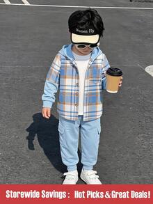SHEIN Vacaura 2pcs/Set Young Boy Casual Plaid Patchwork Hooded Jacket And Sweatpants Set, Suitable For Autumn Winter Back-To-School - Blue - View 9