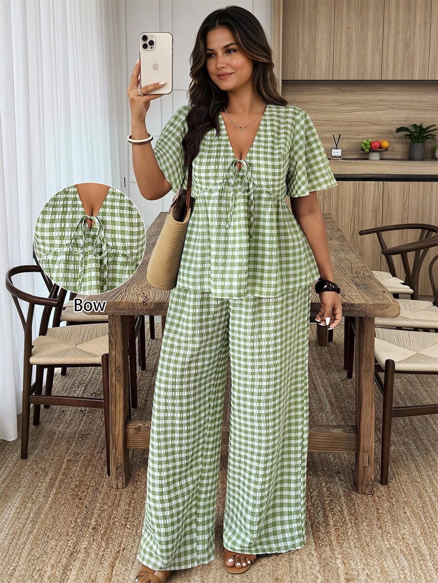 Weeklong 2pcs Plus Size Women Set: Plaid Tie Front Short Sleeve Shirt And Wide Leg Pants Oktoberfest Vacation Green Summer Casual Cargo Traditional Brunch - Green - View 1
