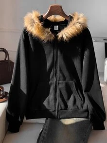 SHEIN Tween Girls Casual Fur Kids Decor Solid Black Hooded Cardigan Jacket, Autumn/Winter Fall - Black - View 2