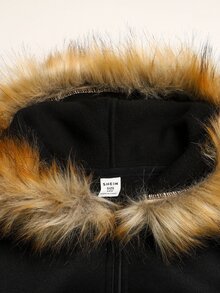 SHEIN Tween Girls Casual Fur Kids Decor Solid Black Hooded Cardigan Jacket, Autumn/Winter Fall - Black - View 7