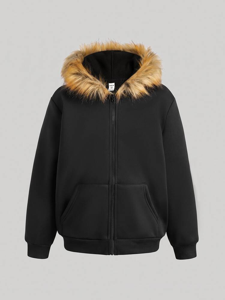 SHEIN Tween Girls Casual Fur Kids Decor Solid Black Hooded Cardigan Jacket, Autumn/Winter Fall - Black - View 4