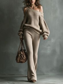 Omancia Elegant Cold Shoulder Long Sleeve Sweater & Flare Pants 2 Pieces Set For Women - Khaki - View 3