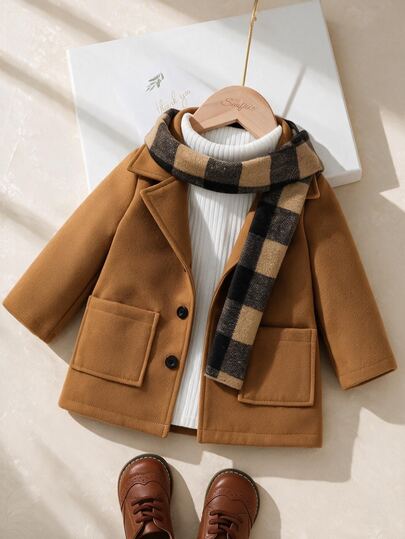 Souflis Souflis Baby Boys Autumn/Winter British Preppy Brown Coat With Classic Plaid Scarf Two-Pack Set, For Christmas