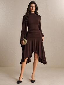 Poéselle Women's Elegant Pleated Asymmetrical Hem Dress Dinner Party Cocktail Dark Brown Fall - Brown - View 7