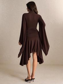 Poéselle Women's Elegant Pleated Asymmetrical Hem Dress Dinner Party Cocktail Dark Brown Fall - Brown - View 10