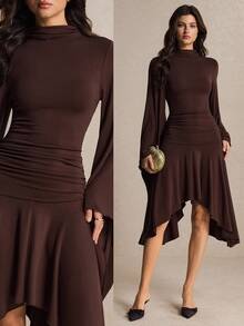 Poéselle Women's Elegant Pleated Asymmetrical Hem Dress Dinner Party Cocktail Dark Brown Fall - Brown - View 1