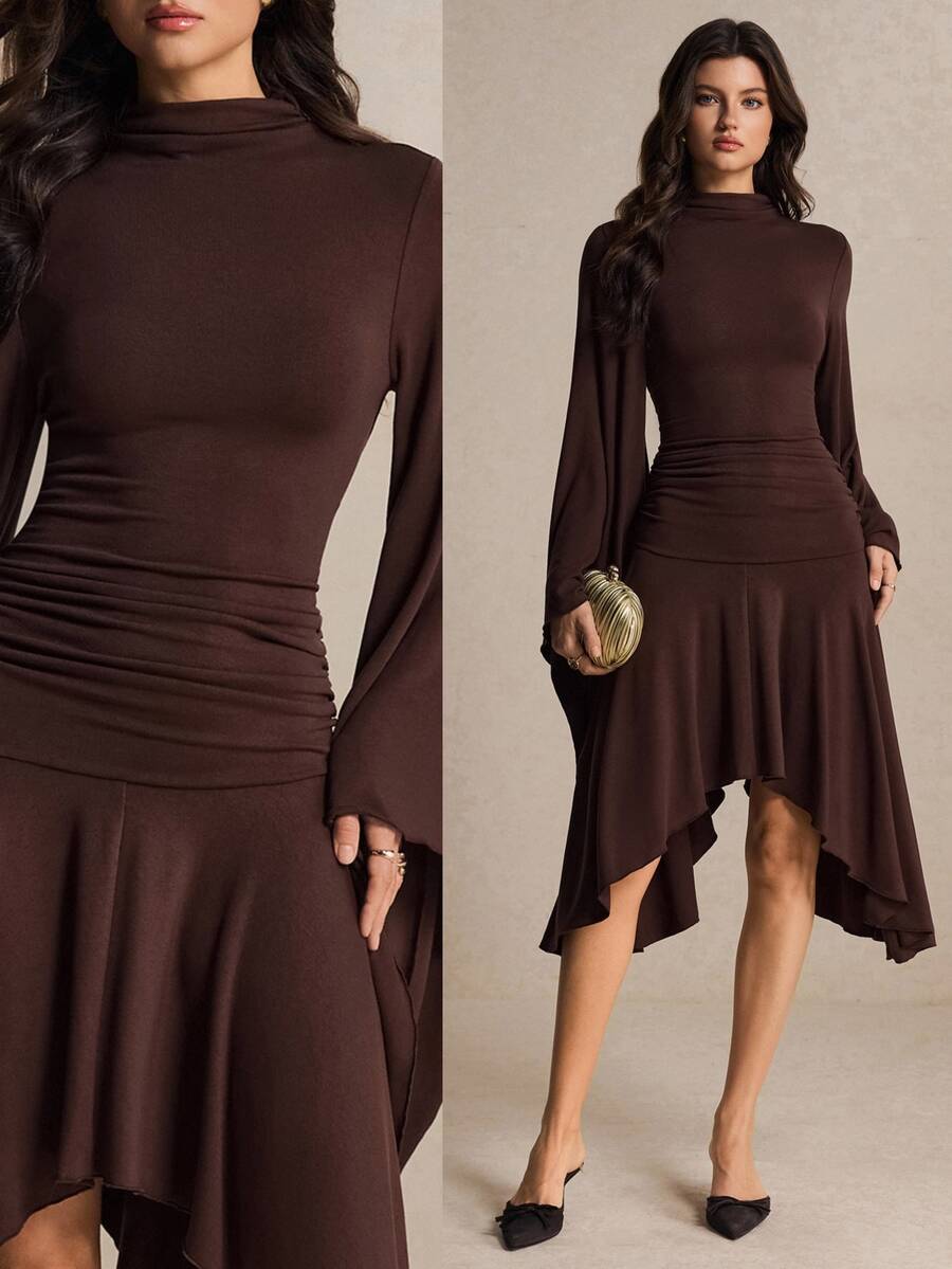 Poéselle Women's Elegant Pleated Asymmetrical Hem Dress Dinner Party Cocktail Dark Brown Fall - Brown - View 1