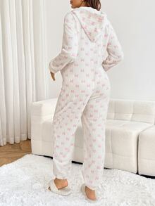 Slowluna Maternity Bow Pattern Long Sleeve Hooded Casual Jumpsuit Winter - White - View 8