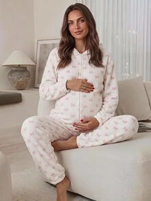 Slowluna Maternity Bow Pattern Long Sleeve Hooded Casual Jumpsuit Winter - White - View 2