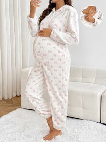 Slowluna Maternity Bow Pattern Long Sleeve Hooded Casual Jumpsuit Winter - White - View 9