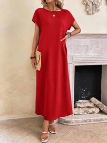 Faunlyn 女士短袖圓領純色夏季連衣裙 - 紅色 - 查看 6