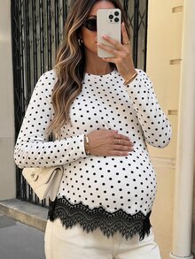 MaterniWear Maternity Polka Dot Lace Trim Casual Daily Long Sleeve T-Shirt Fall - Black and White - View 1