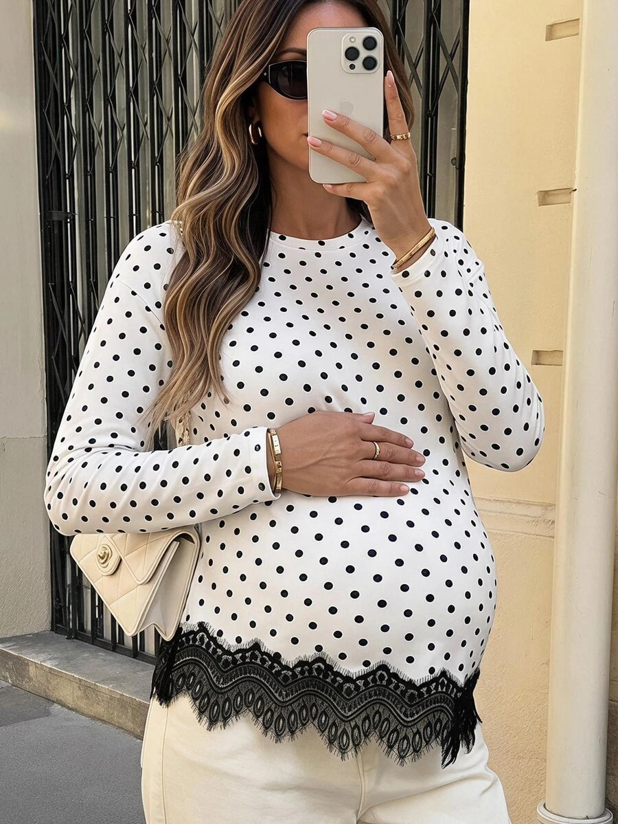 MaterniWear Maternity Polka Dot Lace Trim Casual Daily Long Sleeve T-Shirt Fall - Black and White - View 1