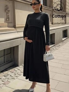 MaterniWear Maternity Solid Color Long Sleeve Minimalist Nursing Dress, Autumn Fall - Black - View 2