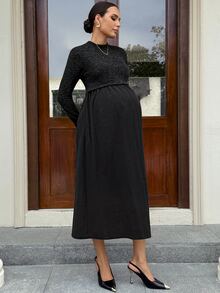 MaterniWear Maternity Solid Color Long Sleeve Minimalist Nursing Dress, Autumn Fall - Black - View 4