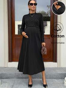 MaterniWear Maternity Solid Color Long Sleeve Minimalist Nursing Dress, Autumn Fall - Black - View 10