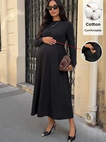 MaterniWear Maternity Solid Color Long Sleeve Minimalist Nursing Dress, Autumn Fall - Black - View 1