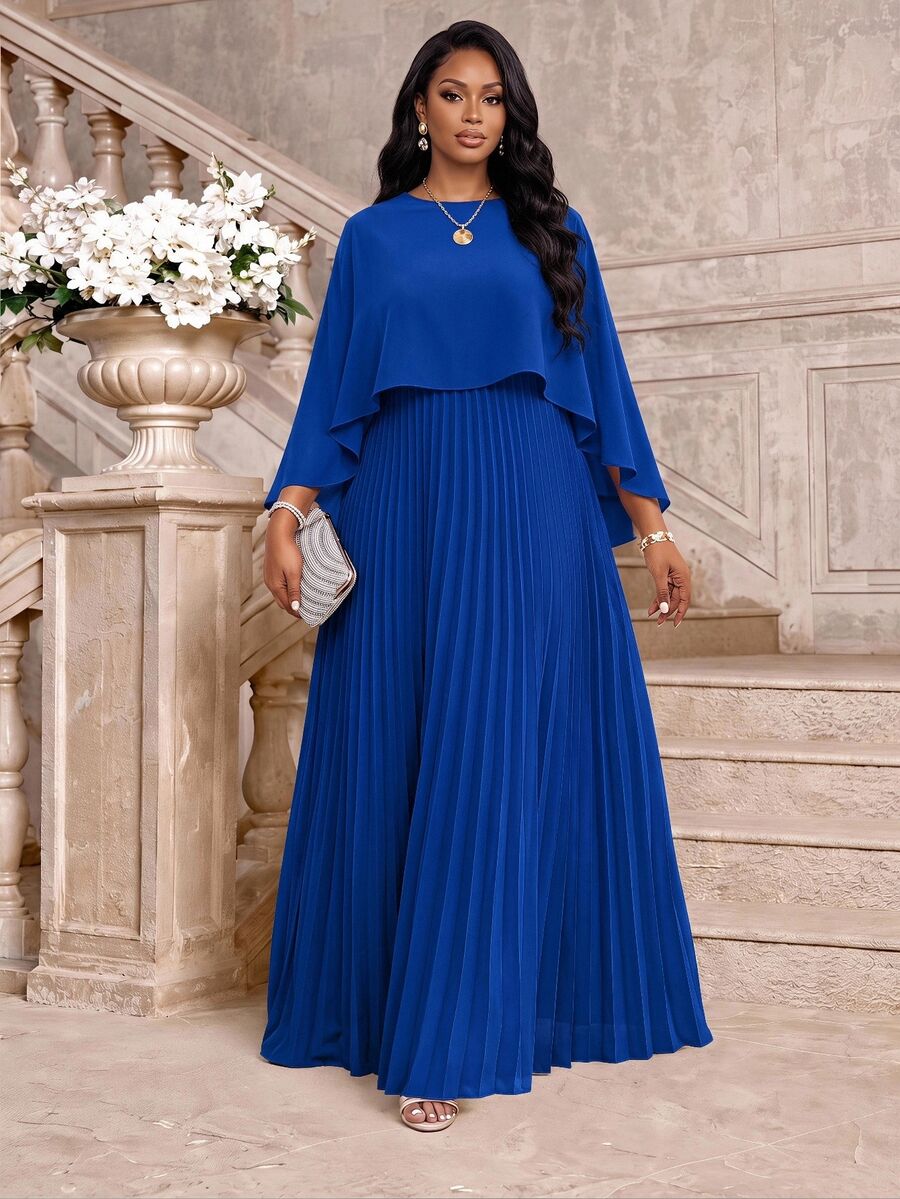 Fleurora Plus Size Elegant Romantic Royal Blue Pleated Dress Summer Spring Wedding Formal Dinner - Royal Blue - View 1