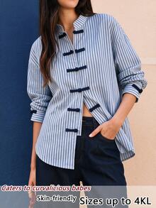 EastFlair Plus Size Women's Striped Casual Everyday Shirt - Blue - View 2