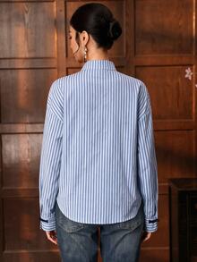 EastFlair Plus Size Women's Striped Casual Everyday Shirt - Blue - View 7