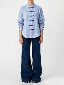 EastFlair Plus Size Women's Striped Casual Everyday Shirt - Blue - View 6
